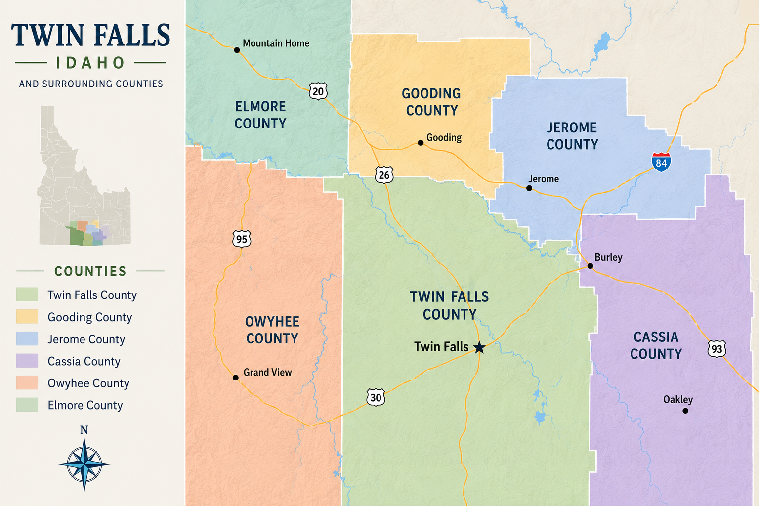 Map of Twin Falls, Idaho and surrounding counties